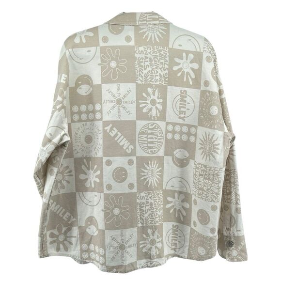 Smiley x H&M Unisex Oversized Tan Beige Graphic Denim Jacket Size Small - Picture 2 of 14